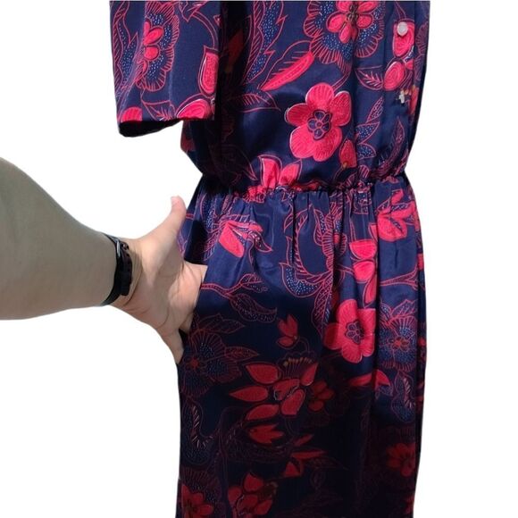 Vintage Secretary Geek Floral Navy Cherry Red Dress White Laced Collar Medium - Picture 6 of 12